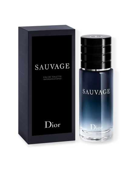 Dior Sauvage EDT parfumfles met zwarte dop en blauwe kleurverloop.