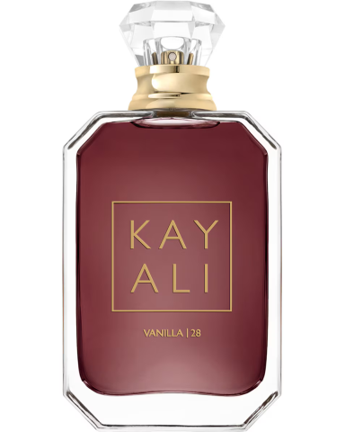 Fles voor parfum Kay Ali, met een donkerrode vloeistof en gouden accenten.