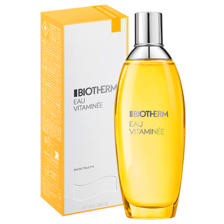 Fles Biotherm Eau Vitaminée met transparante flacon en gele inhoud.