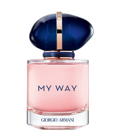 Giorgio Armani My Way Giorgio Armani My Way Eau de Parfum, herkenbaar aan de kenmerkende donkerblauwe edelsteenachtige dop met een gouden accent op roze glas.
